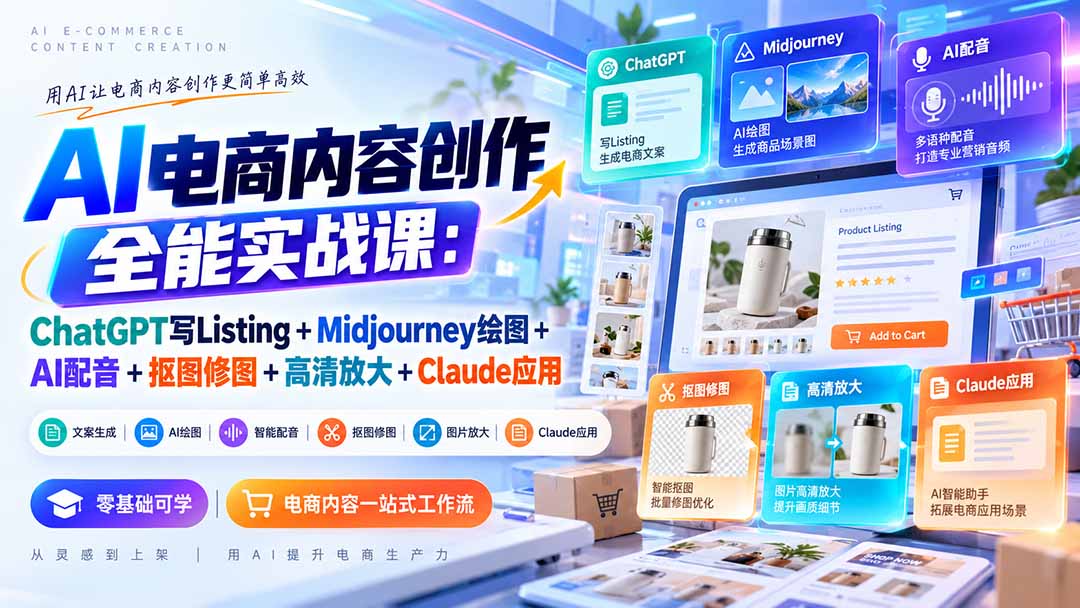 【无水印】AI电商内容创作全能实战课:ChatGPT写Listing+Midjourney绘图+AI配音+抠图修图+高清放大+Claude应用-优优云创网