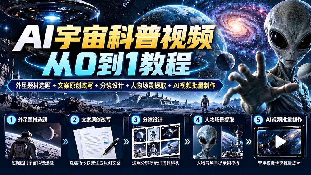 AI宇宙科普视频从0到1教程|外星题材选题+文案原创改写+分镜设计+人物场景提取+AI视频批量制作-优优云创网