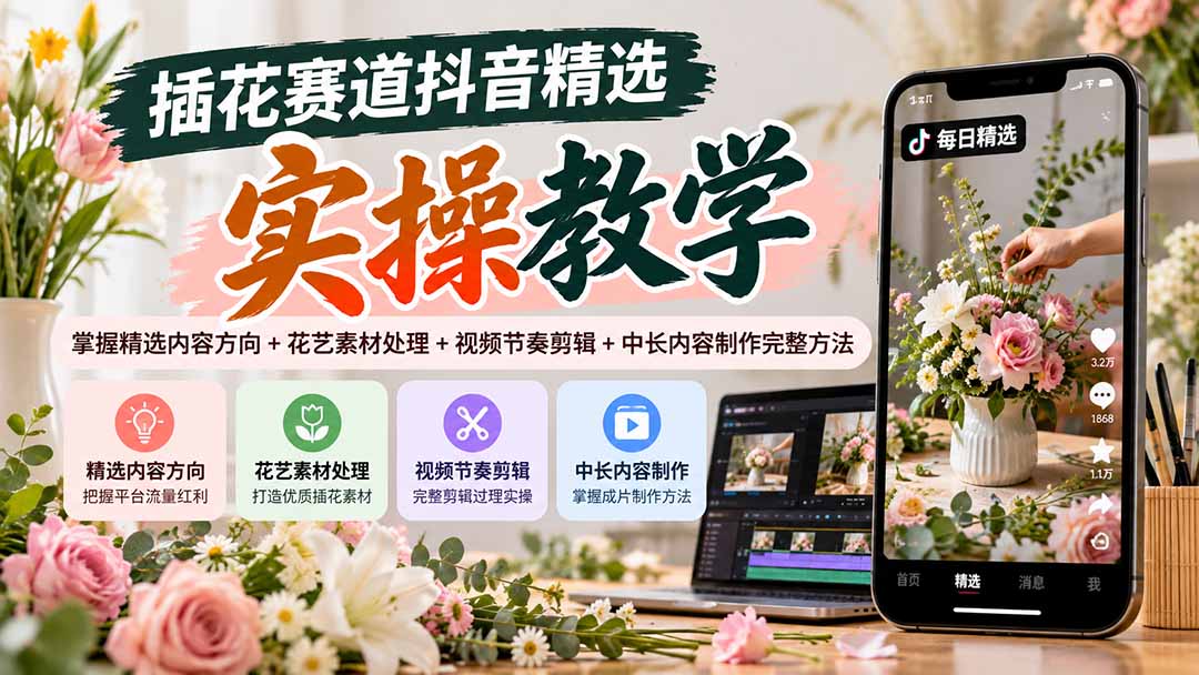插花赛道抖音精选实操教学:掌握精选内容方向+花艺素材处理+视频节奏剪辑+中长内容制作完整方法-优优云创网