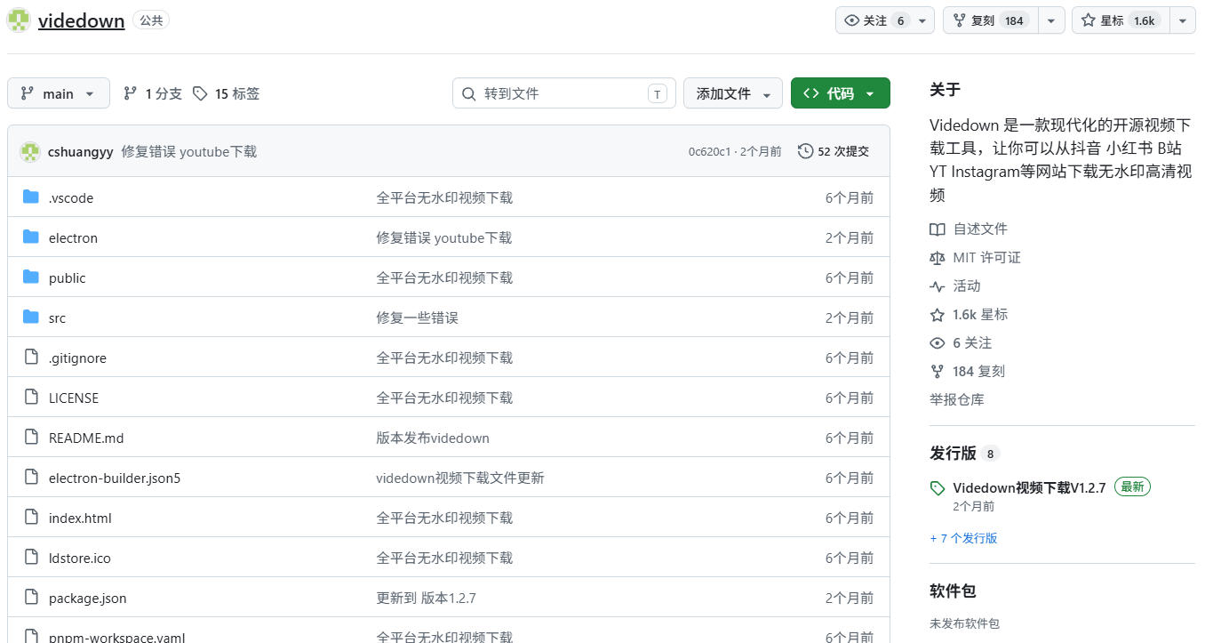20261003143632707-271a25d5e8744e29e2ddb9d1b19459e3 GitHub上1.6k stars开源下载器,界面清爽免费用,小红书某音B站youtube视频一键保存Videdown