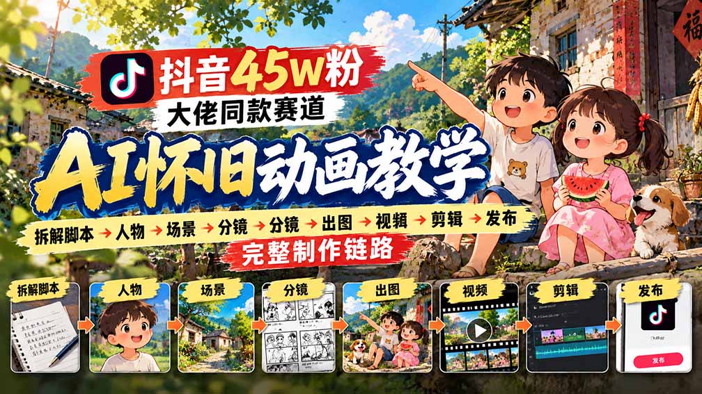 抖音45W粉大佬同款赛道AI怀旧动画教学：拆解脚本→人物→场景→分镜→出图→视频→剪辑→发布完整制作链路-优优云创网