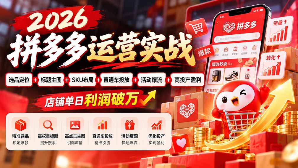 2026拼多多运营实战-更新1002：选品定位+标题主图+SKU布局+直通车投放+活动爆流+高投产盈利 店铺单日利润破万-优优云创网