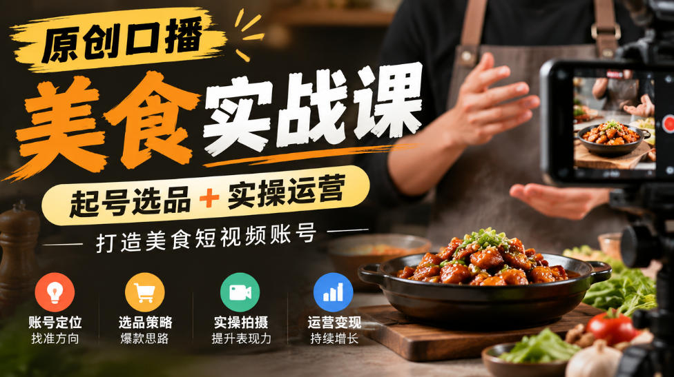 原创口播美食实战课，起号选品+实操运营，打造美食短视频账号-优优云创网