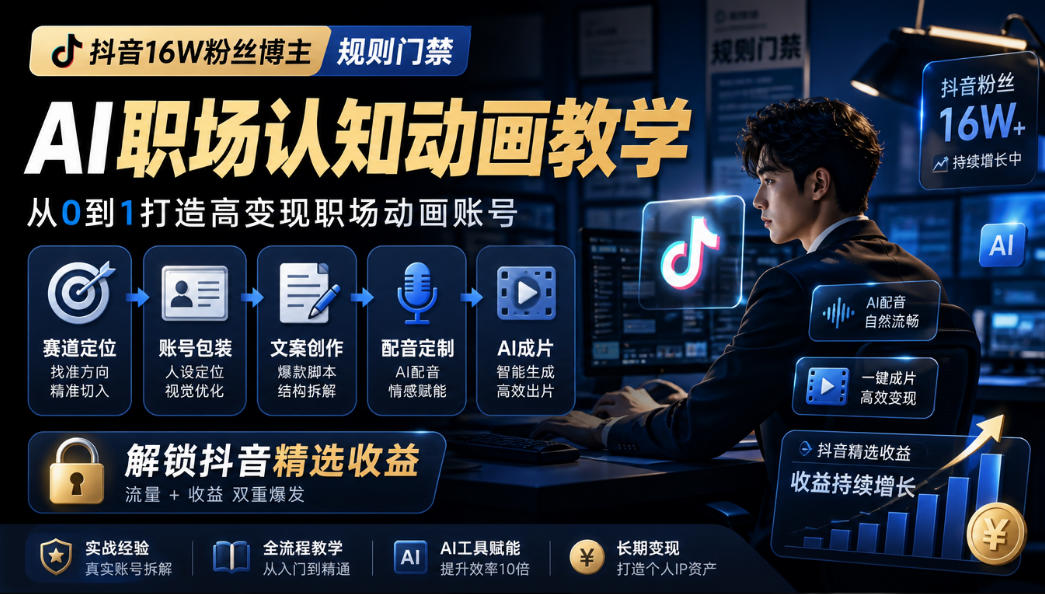 抖音16W粉丝博主规则门禁的AI职场认知动画教学，从赛道定位、账号包装，到文案创作、配音定制、AI成片，解锁抖音精选收益-优优云创网