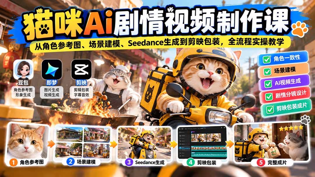 猫咪AI剧情视频制作课：从角色参考图、场景建模、Seedance生成到剪映包装，全流程实操教学-优优云创网