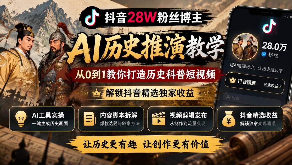 抖音28W粉丝博主的AI历史推演教学，从0到1教你打造历史科普短视频，解锁抖音精选独家收益-优优云创网