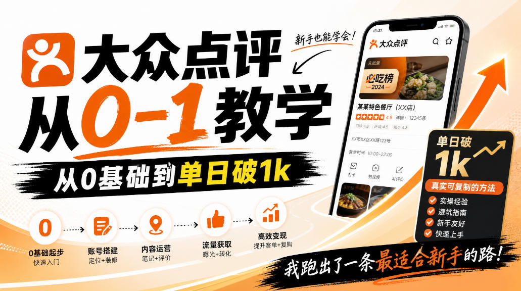 大众点评分成从0-1教学,从0基础到单日破1k,我跑出了一条最适合新手的路-优优云创网