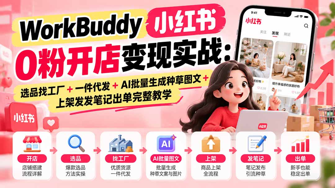 WorkBuddy小红书0粉开店变现实战：选品找工厂+一件代发+AI批量生成种草图文+上架发发笔记出单完整教学-优优云创网