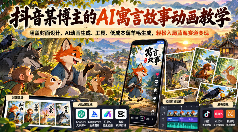 抖音某博主的AI寓言故事动画教学，涵盖封面设计、AI动画生成、工具、低成本薅羊毛生成，轻松入局蓝海赛道变现-优优云创网