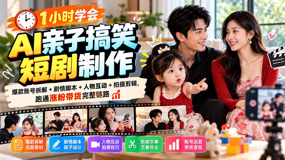 1小时学会AI亲子搞笑短剧制作：爆款账号拆解+剧情脚本+人物互动+拍摄剪辑，跑通涨粉带货完整链路-优优云创网