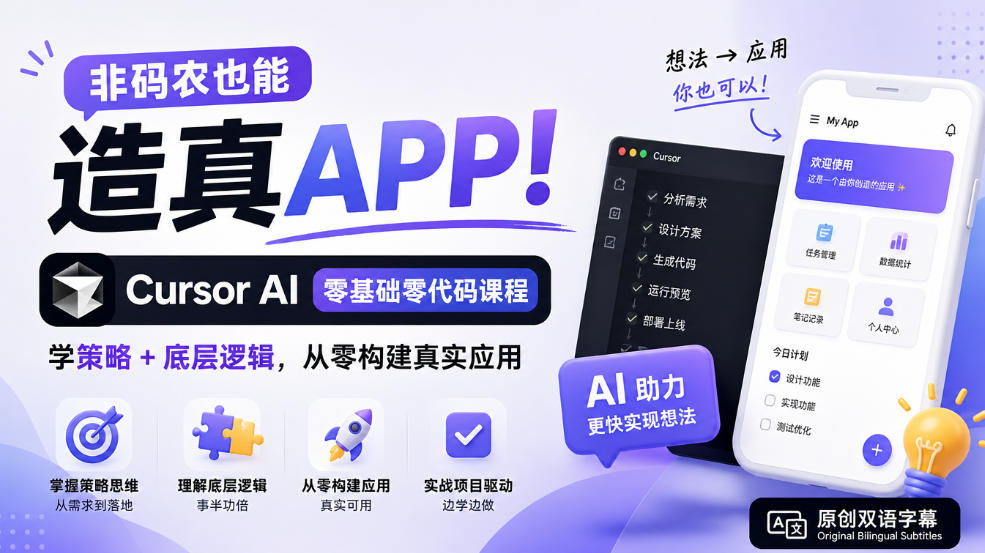 非码农也能造真APP！Cursor AI零基础零代码课程：学策略+底层逻辑，从零构建真实应用【原创双语字幕】-优优云创网