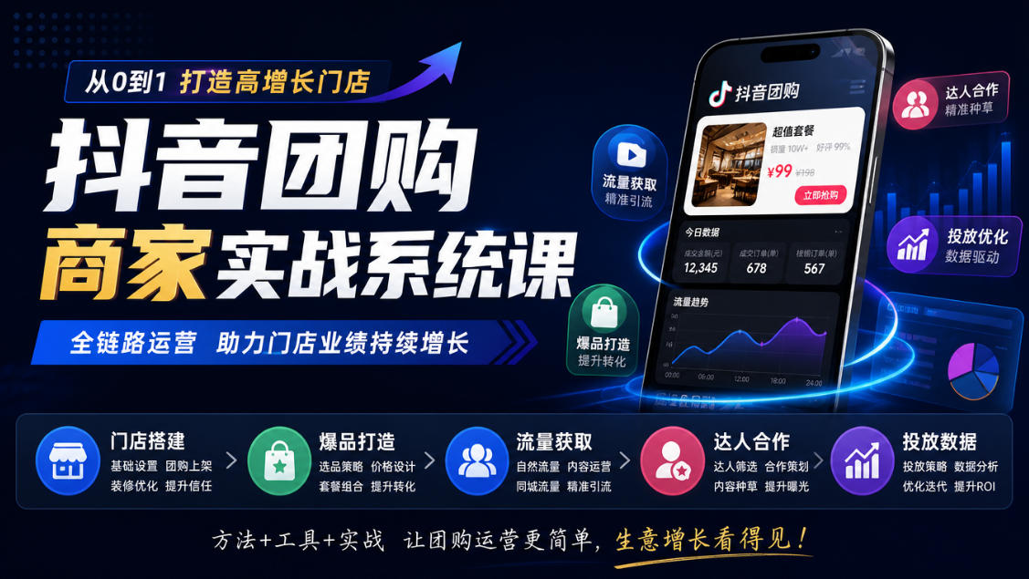 抖音团购商家实战系统课|门店搭建、爆品打造、流量获取、达人合作、投放数据全链路运营-优优云创网