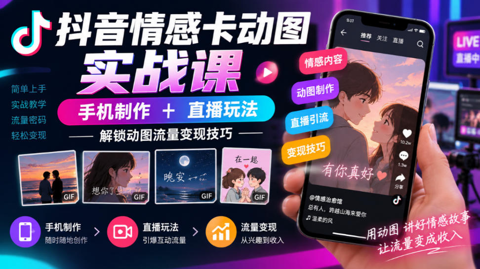 抖音情感卡动图实战课|手机制作+直播玩法,解锁动图流量变现技巧-优优云创网