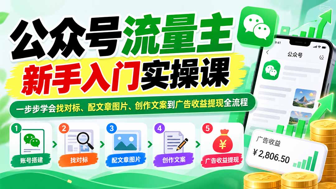 公众号流量主新手入门实操课：一步步学会找对标、配文章图片、创作文案到广告收益提现全流程-优优云创网