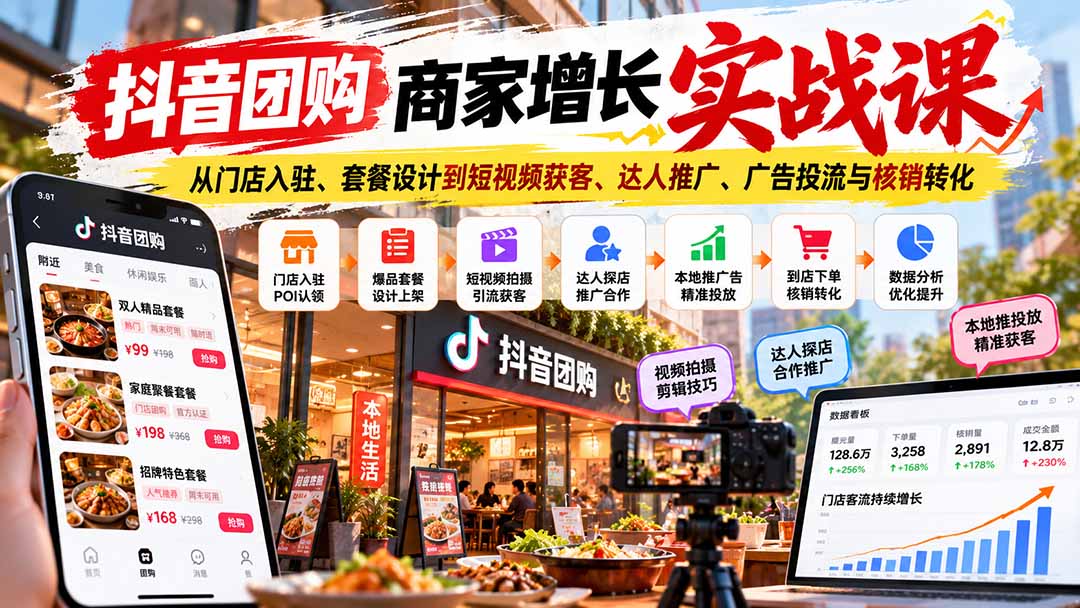 抖音团购商家增长实战课：从门店入驻、套餐设计到短视频获客、达人推广、广告投流与核销转化-优优云创网