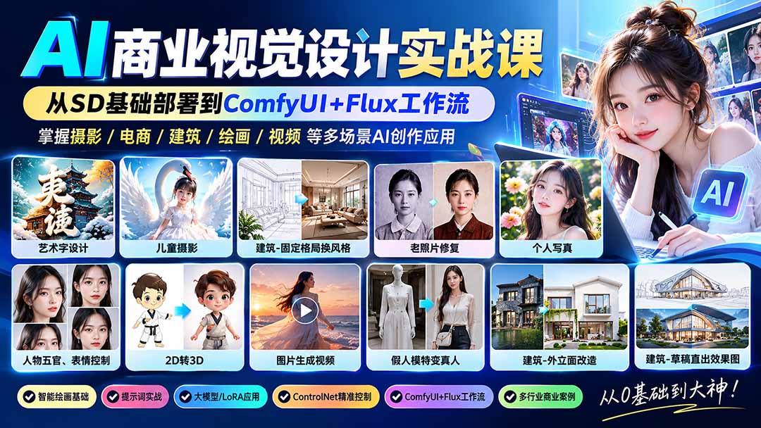 【无水印】AI商业视觉设计实战课:从SD基础部署到ComfyUI+Flux工作流,掌握摄影电商建筑AI创作-优优云创网