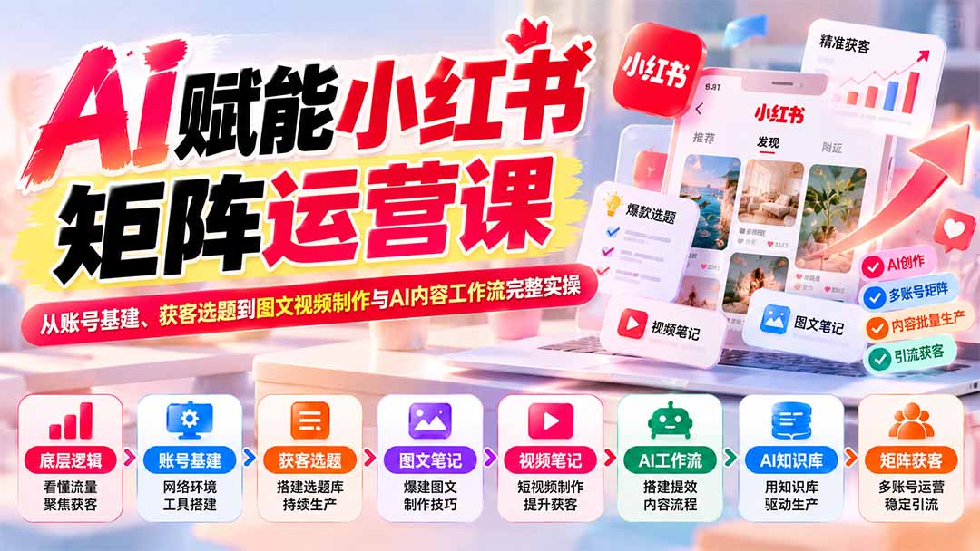 AI赋能小红书矩阵运营课：从账号基建、获客选题到图文视频制作与AI内容工作流完整实操-优优云创网