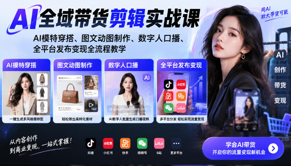 AI全域带货剪辑实战课｜AI模特穿搭、图文动图制作、数字人口播、全平台发布变现全流程教学-优优云创网
