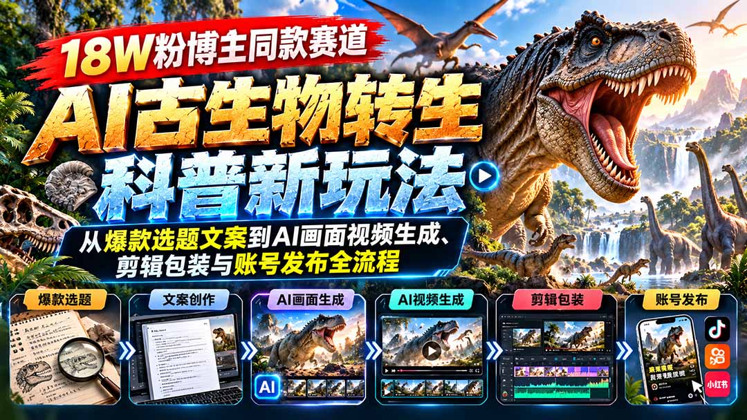 18W粉博主同款赛道-AI古生物转生科普新玩法：从爆款选题文案到AI画面视频生成、剪辑包装与账号发布全流程-优优云创网