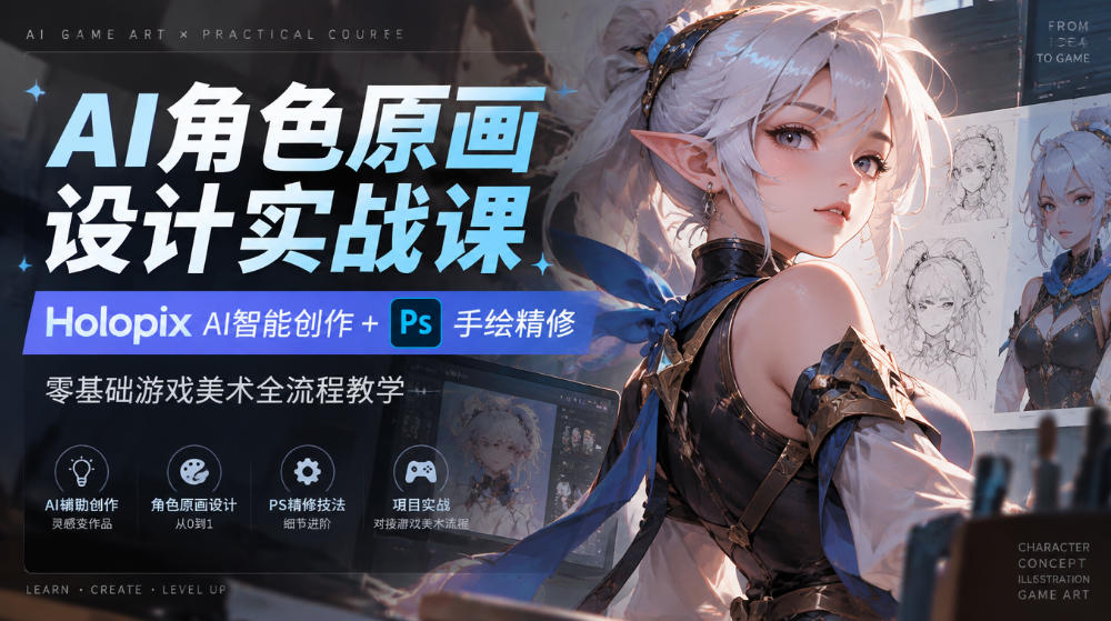 AI角色原画设计实战课｜Holopix AI智能创作+PS手绘精修，零基础游戏美术全流程教学-优优云创网