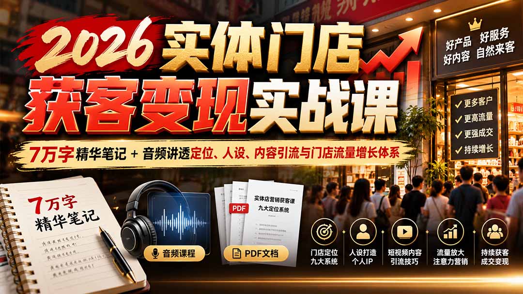 2026实体门店获客变现实战课:7万字精华笔记+音频讲透定位、人设、内容引流与门店流量增长体系-优优云创网
