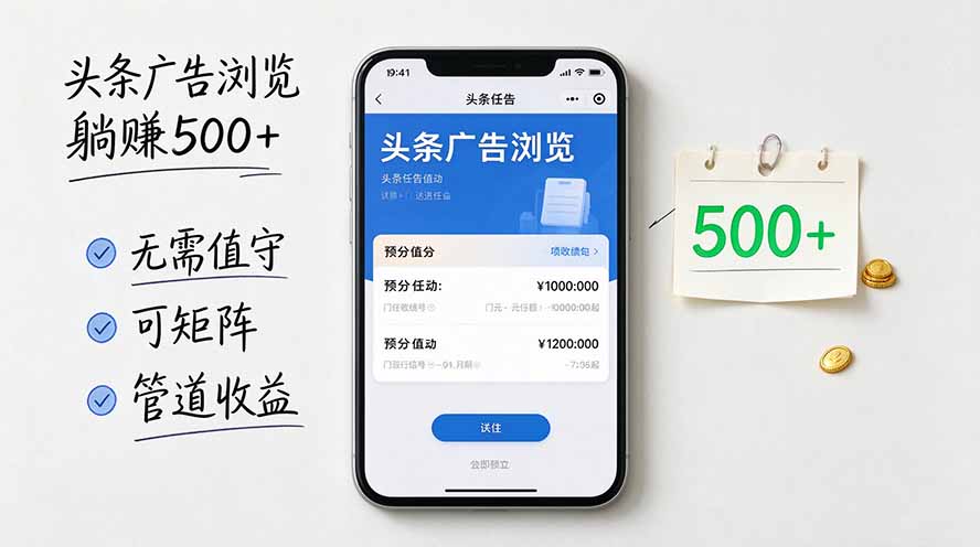 头条广告浏览躺赚500+无需值守，可矩阵并附有管道收益-优优云创网