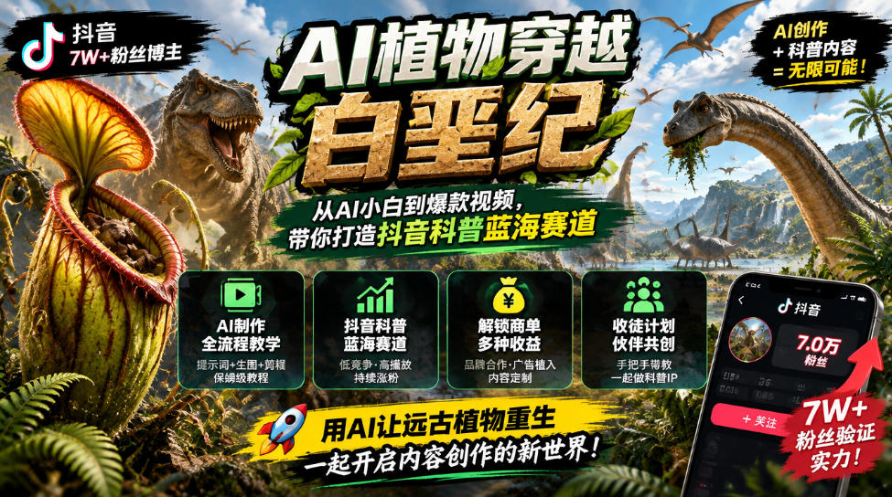 抖音7W粉丝博主的AI植物穿越白垩纪教学，抖音科普蓝海赛道，解锁商单收徒伙伴计划等多种收益-优优云创网
