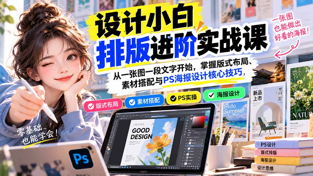 设计小白排版进阶实战课:从一张图一段文字开始,掌握版式布局、素材搭配与PS海报设计核心技巧-优优云创网