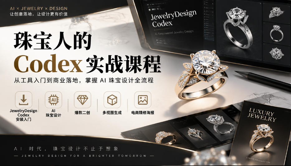 珠宝人的Codex实战课程|JewelryDesign Codex安装入门、AI珠宝设计、爆款二创、多视图生成、电商精修海报全链路教学-优优云创网