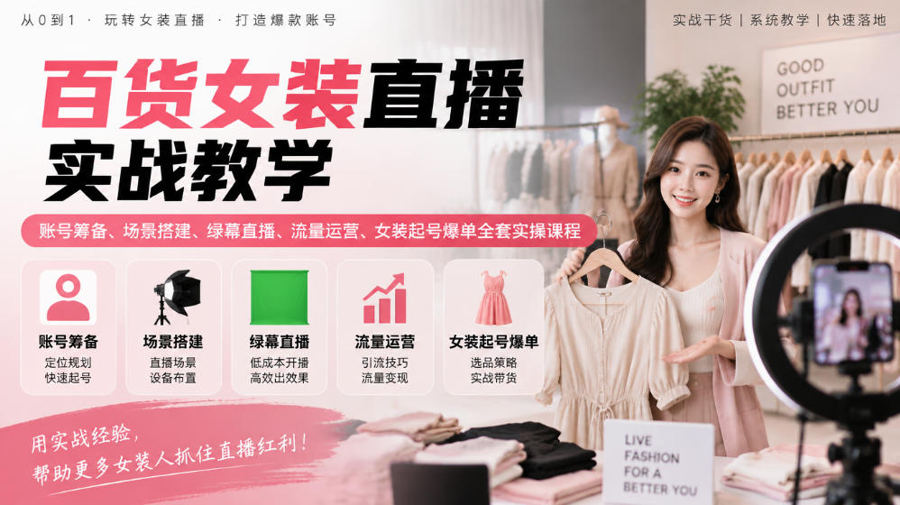 百货女装直播实战教学|账号筹备、场景搭建、绿幕直播、流量运营、女装起号爆单全套实操课程-优优云创网