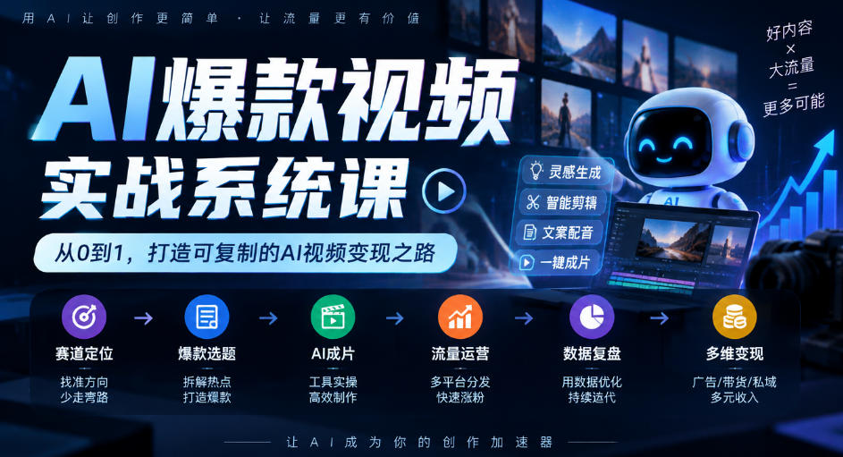 AI爆款视频实战系统课｜赛道定位、爆款选题、AI成片、流量运营、数据复盘、多维变现全链路教学-优优云创网