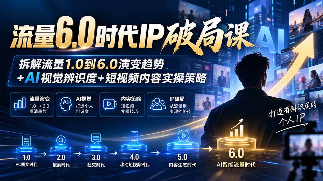 流量6.0时代IP破局课：拆解流量1.0到6.0演变趋势+AI视觉辨识度+短视频内容实操策略-优优云创网