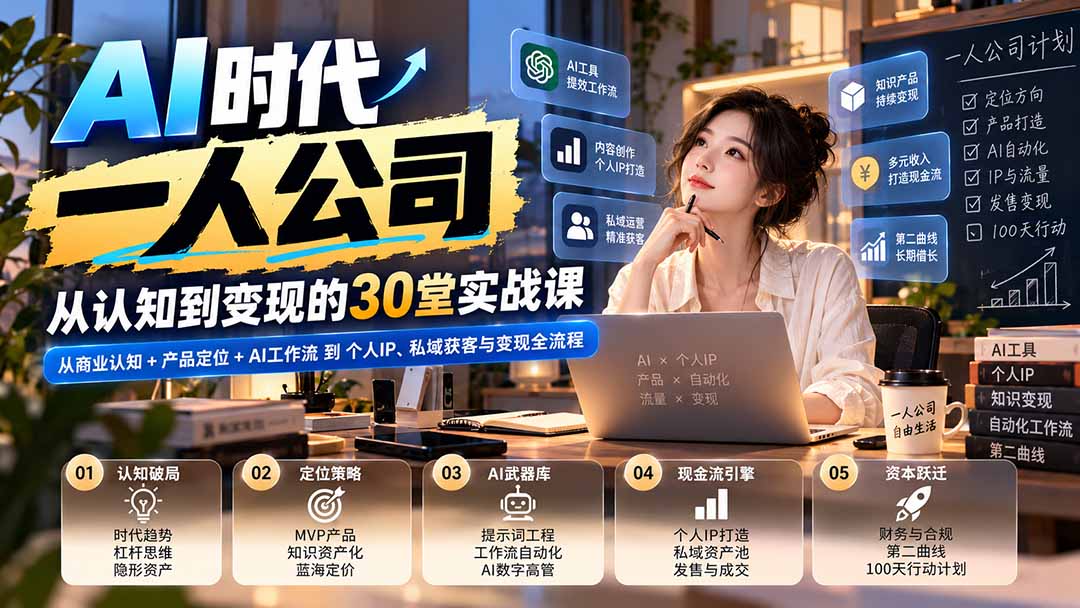 【无水印】AI时代一人公司30堂实战课：从商业认知+产品定位+AI工作流到个人IP、私域获客与变现全流程-优优云创网