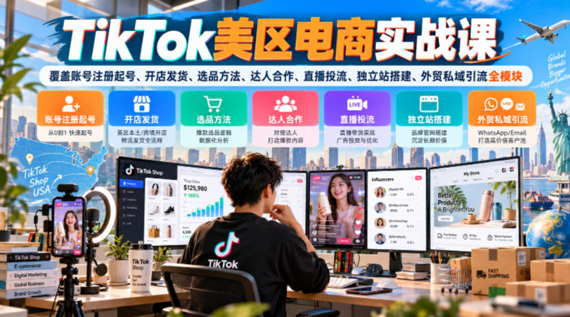 TikTok美区电商实战课，覆盖账号注册起号、开店发货、选品方法、达人合作、直播投流、独立站搭建、外贸私域引流全模块-优优云创网