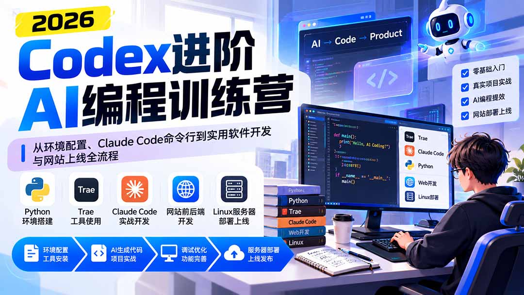 Codex进阶AI编程训练营：从环境配置、Claude Code命令行到实用软件开发与网站上线全流程-优优云创网