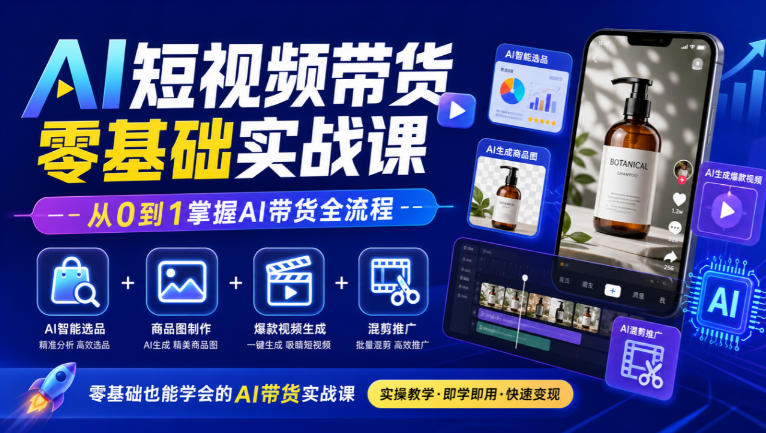 AI短视频带货零基础实战课｜AI智能选品+商品图制作+爆款视频生成+混剪推广，从0到1掌握AI带货全流程-优优云创网