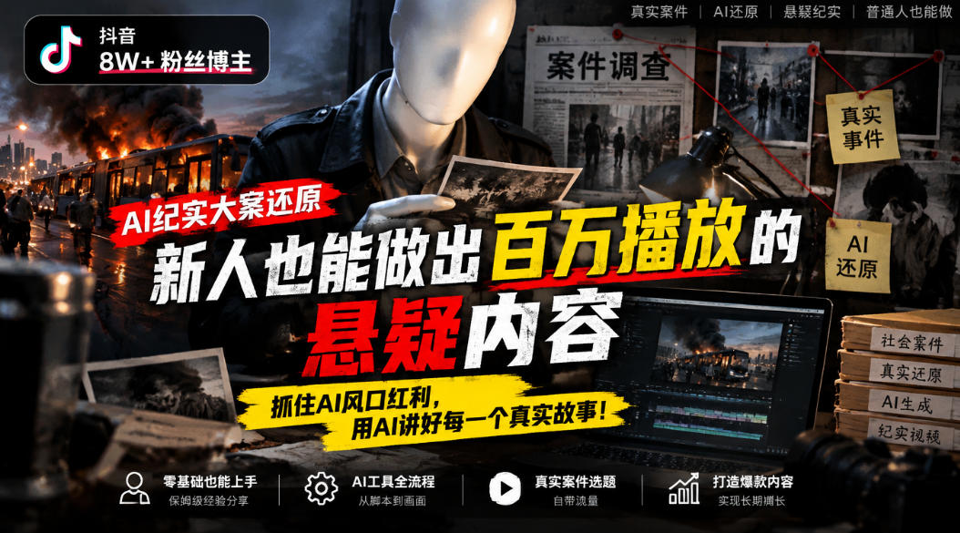 抖音8W粉丝博主的AI纪实大案还原教学，新人也能做出百W播放的悬疑内容，抓住AI风口红利，用AI讲好每一个真实故事-优优云创网