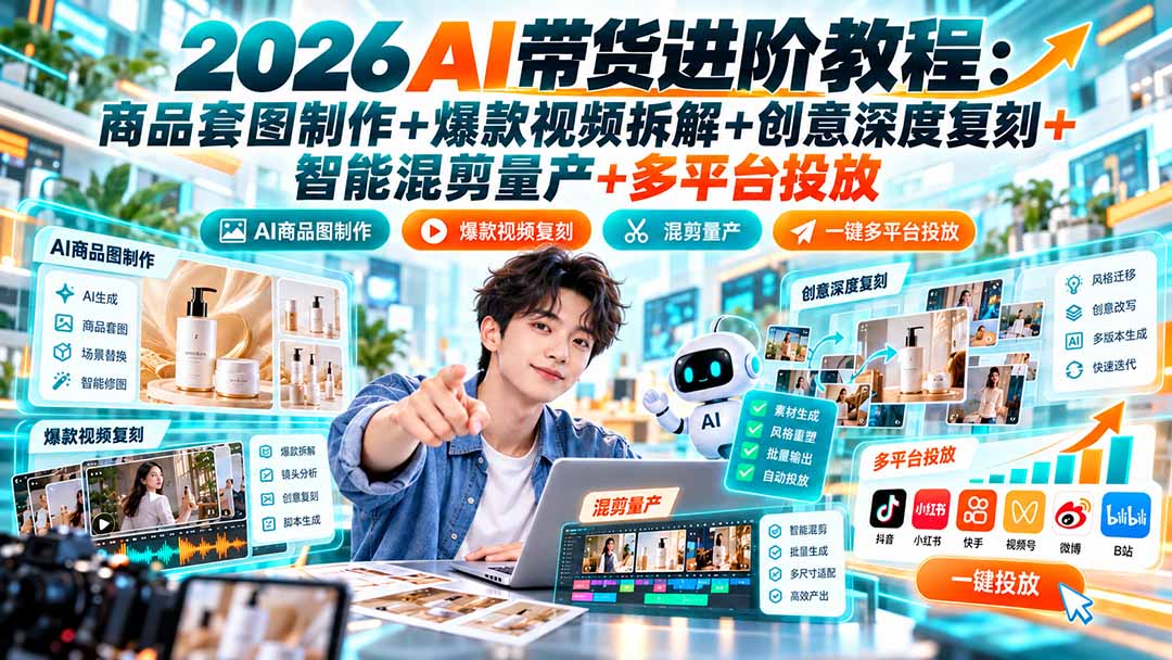 2026AI带货进阶教程：商品套图制作+爆款视频拆解+创意深度复刻+智能混剪量产+多平台投放-优优云创网