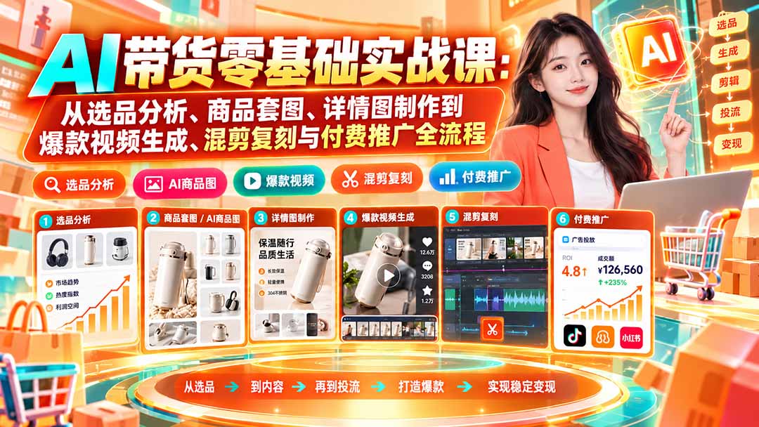 AI带货零基础实战课：从选品分析、商品套图、详情图制作到爆款视频生成、混剪复刻与付费推广全流程-优优云创网