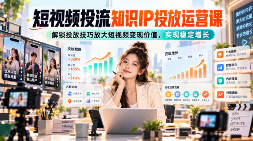 短视频投流知识IP投放运营课,解锁投放技巧放大短视频变现价值,实现稳定增长-优优云创网