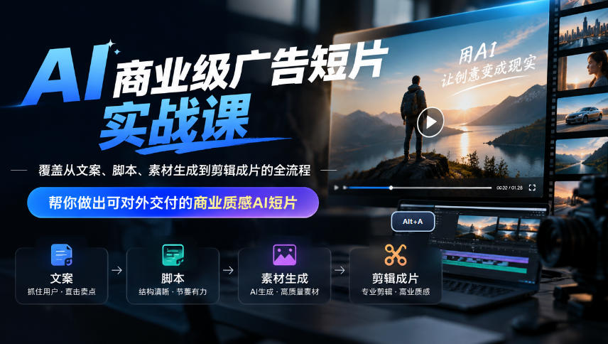 AI商业级广告短片实战课，覆盖从文案、脚本、素材生成到剪辑成片的全流程，帮你做出可对外交付的商业质感AI短片-优优云创网