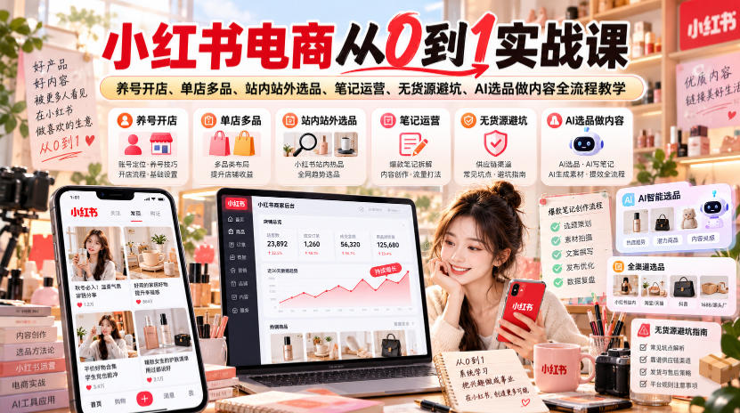 小红书电商从0到1实战课|养号开店、单店多品、站内站外选品、笔记运营、无货源避坑、AI选品做内容全流程教学-优优云创网