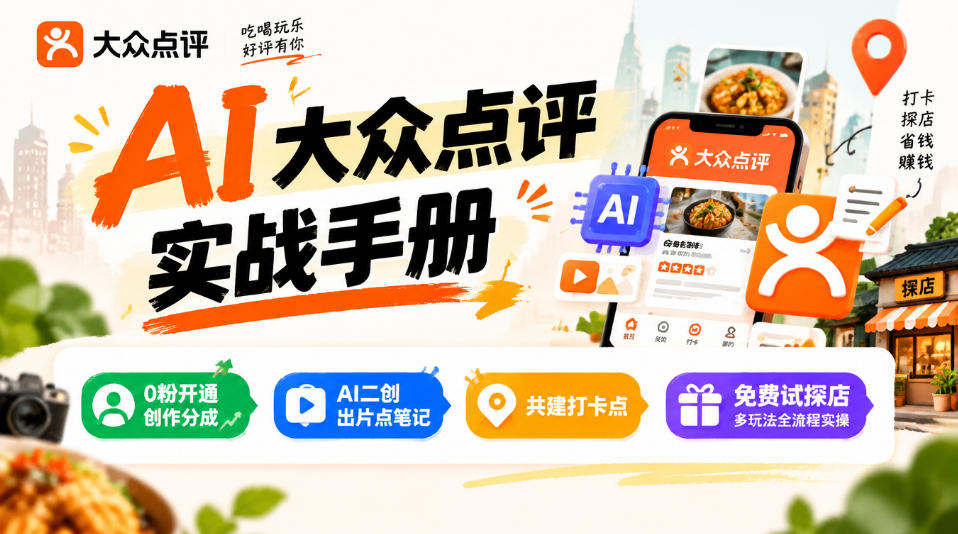 某局的AI大众点评实战手册,0粉开通创作分成、AI二创出片点笔记、共建打卡点、免费试探店多玩法全流程实操-优优云创网