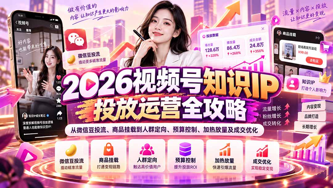 2026视频号知识IP投放运营全攻略:从微信豆投流、商品挂载到人群定向、预算控制、加热放量及成交优化-优优云创网