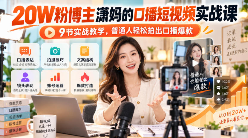 20W粉博主潇妈的口播短视频实战课,9节实战教学,普通人轻松拍出口播爆款-优优云创网