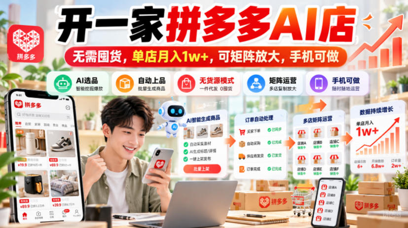 开一家拼多多AI店,无需囤货,单店月入1w+,可矩阵放大,手机可做【揭秘】-优优云创网