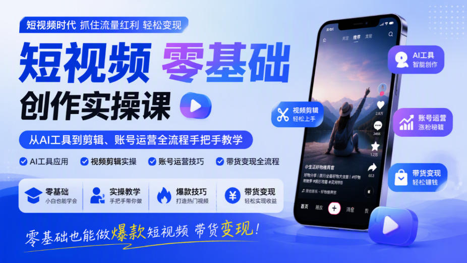 短视频零基础创作实操课,从AI工具到剪辑、账号运营全流程手把手教学,零基础也能做爆款短视频带货变现-优优云创网