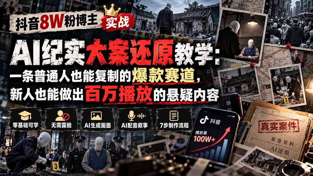 抖音8W粉博主AI纪实大案还原教学:一条普通人也能复制的爆款赛道,新人也能做出百万播放的悬疑内容-优优云创网