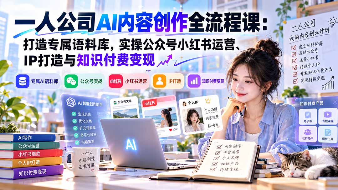 一人公司AI内容创作全流程课:打造专属语料库,实操公众号小红书运营、IP打造与知识付费变现方法论-优优云创网