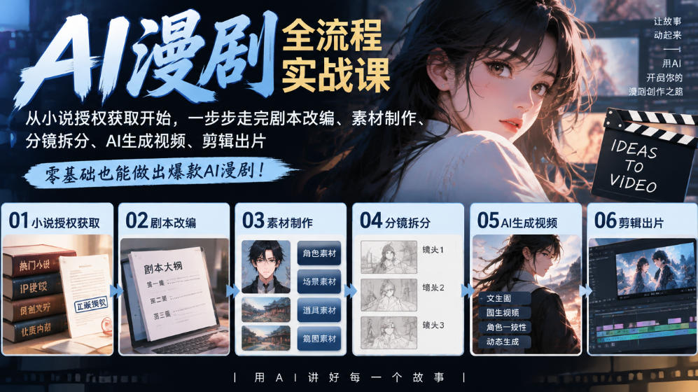AI漫剧全流程实战课|从小说授权获取开始,一步步走完剧本改编、素材制作、分镜拆分、AI生成视频、剪辑出片全流程-优优云创网